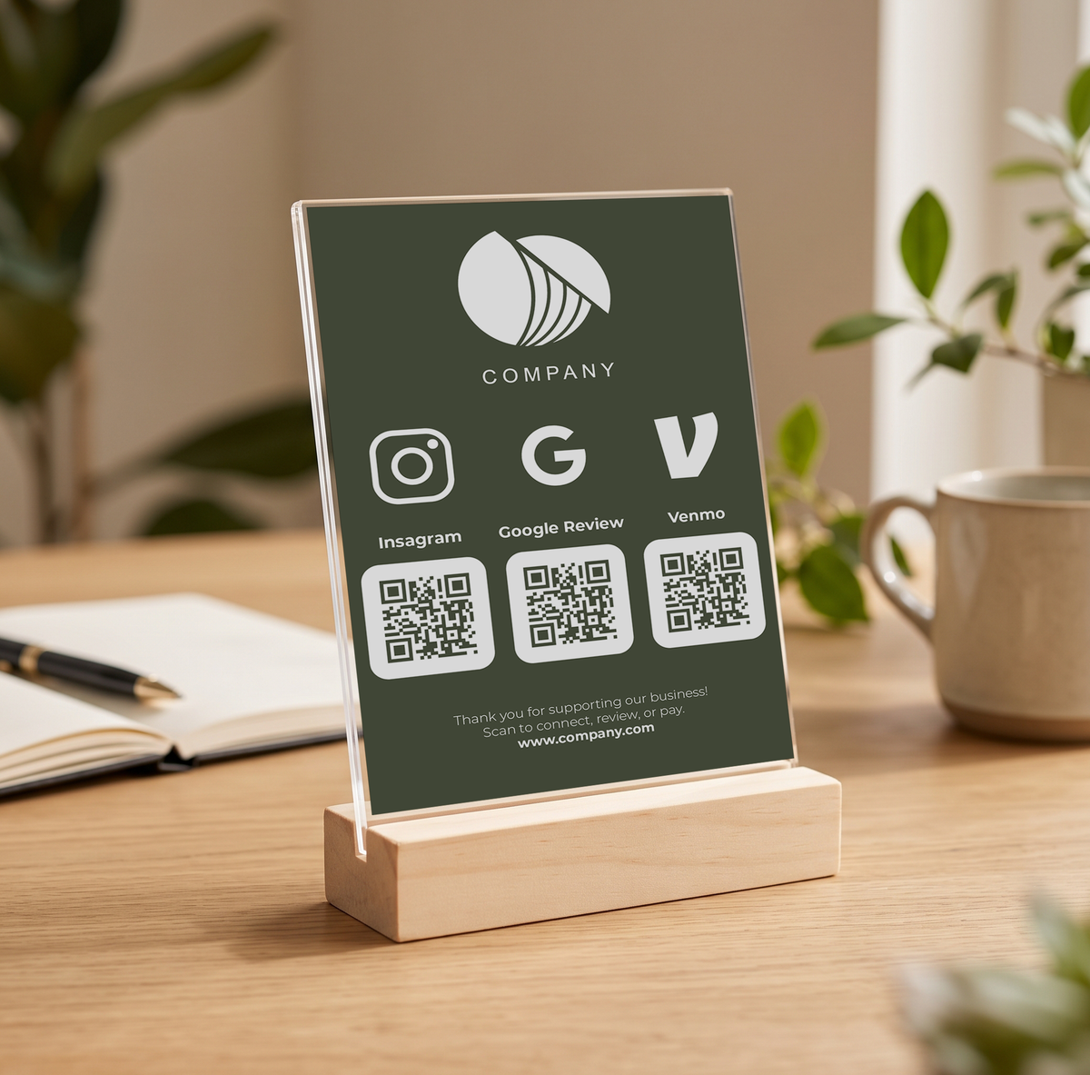 Custom Acrylic QR Code Desk Sign with Wood Stand