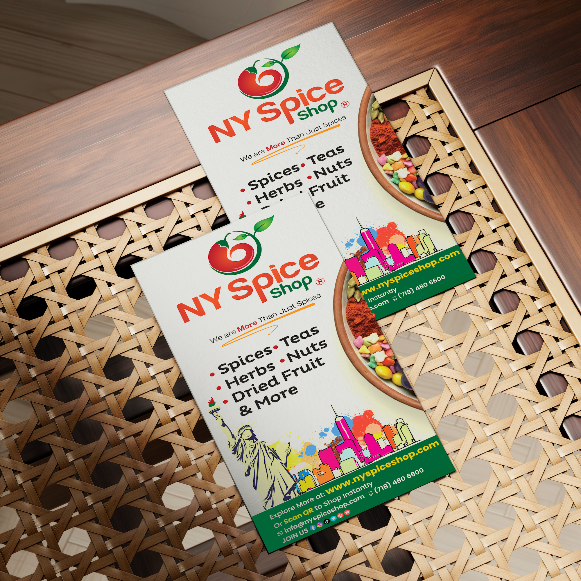 Custom printed promotional rack cards featuring a colorful business advertisement, produced by Alison's Printshop in Mahwah, NJ.