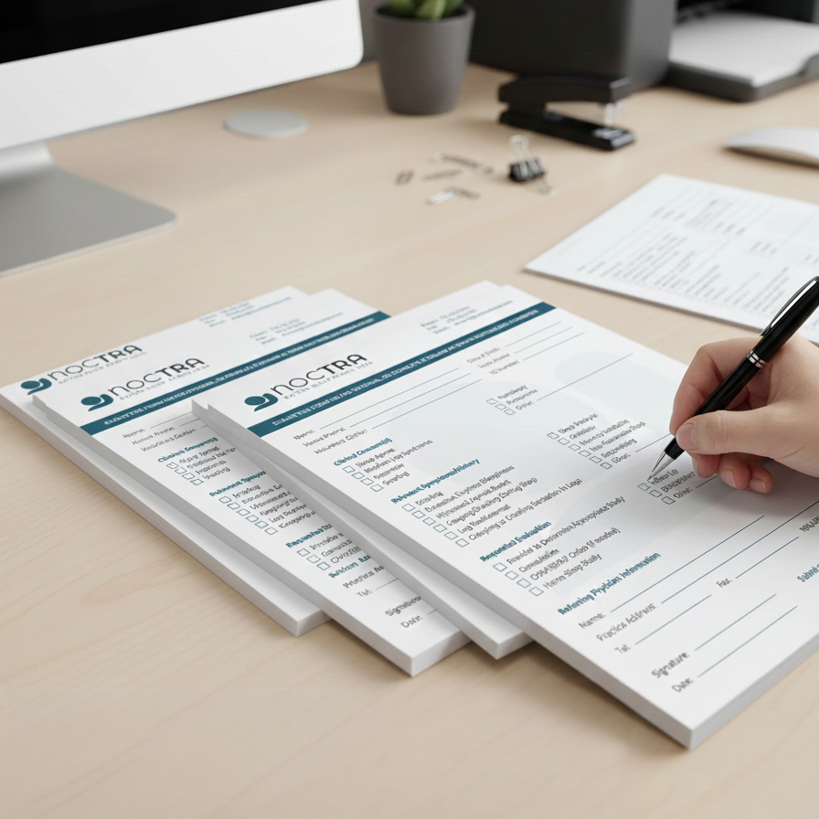 Custom printed business referral pads on a desk, produced by Alison's Printshop in Mahwah, NJ.