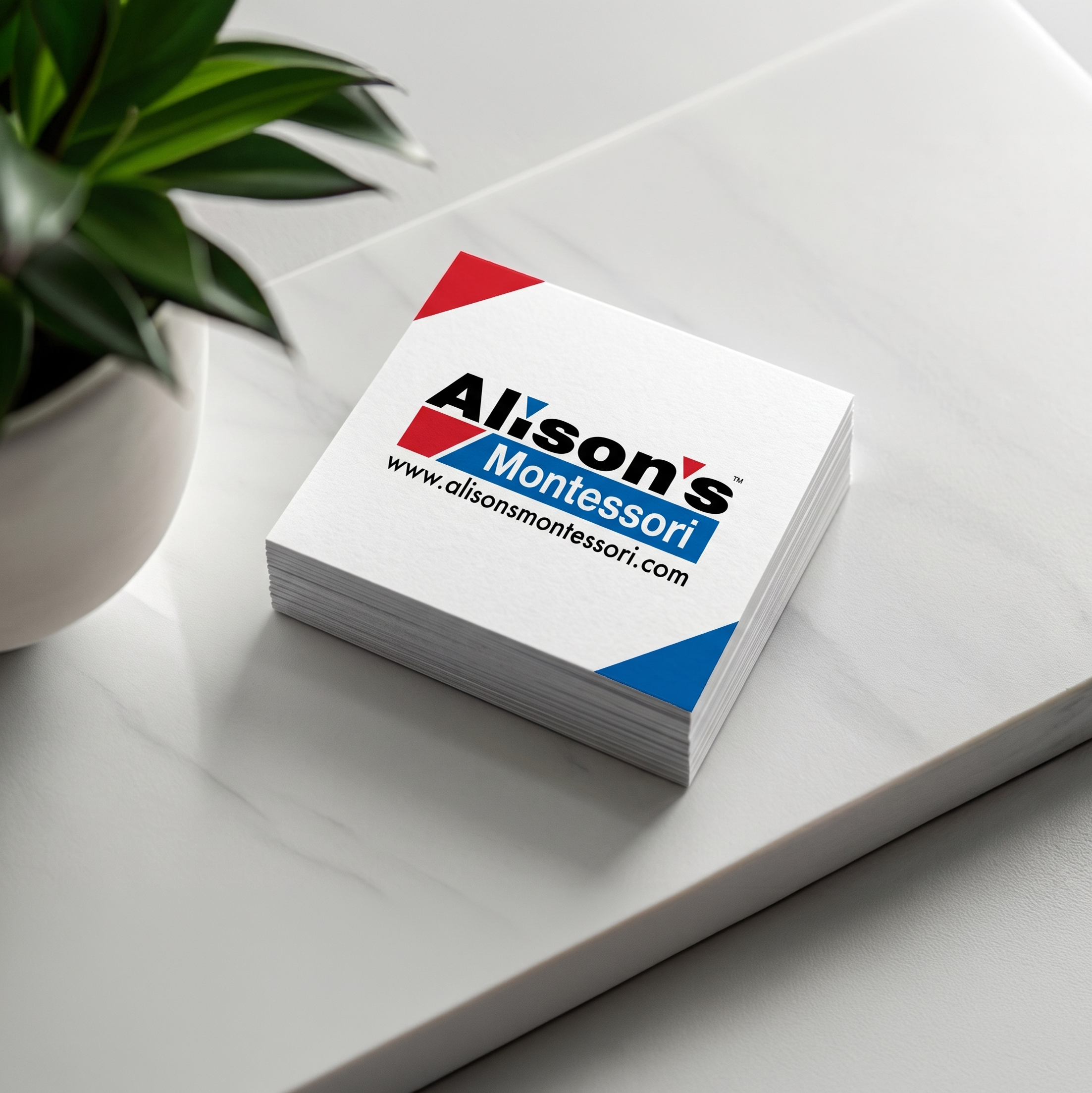 Custom square business cards with rounded corner option, printed on premium stock, produced by Alison's Printshop in Mahwah, NJ.