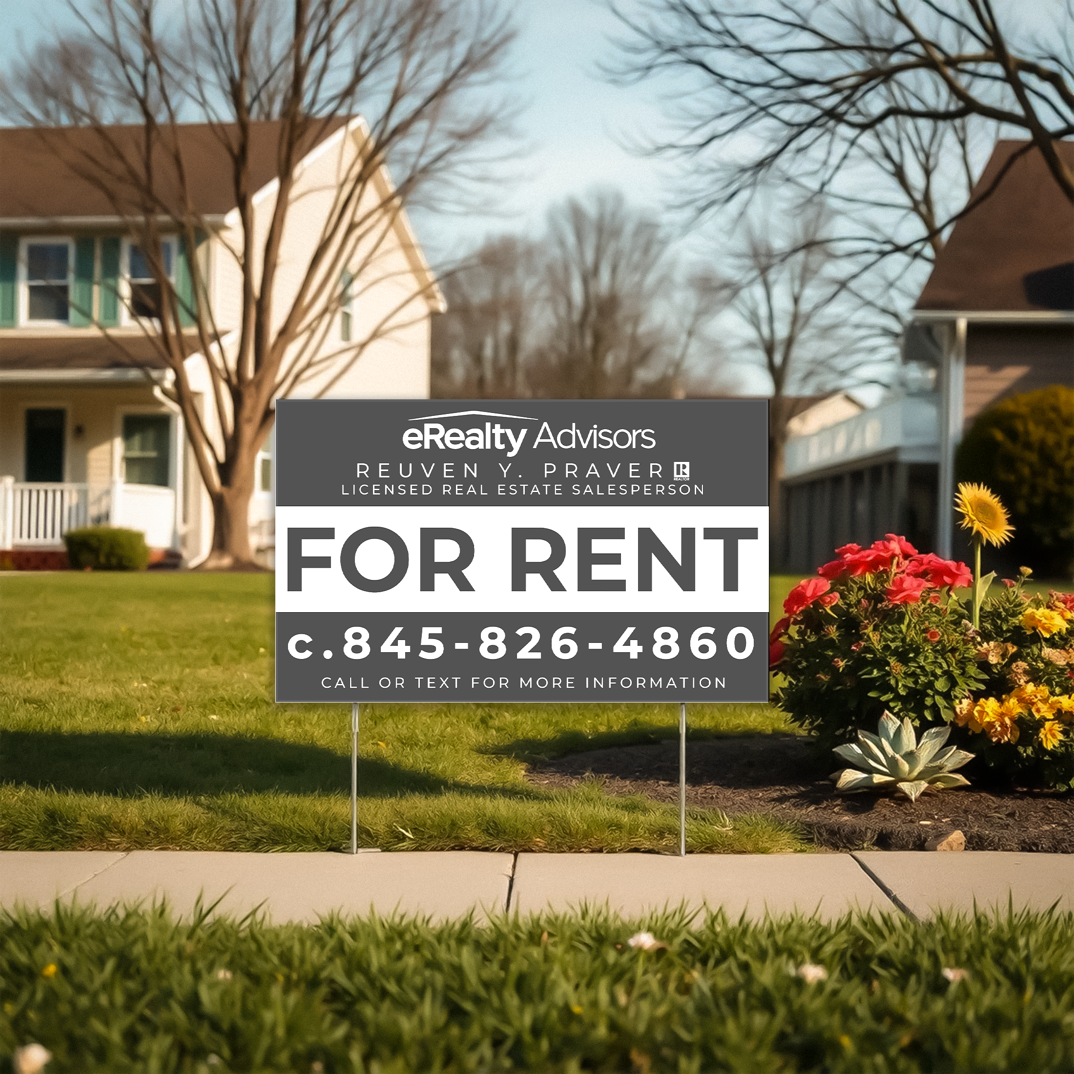 Custom printed real estate yard sign displayed on a residential lawn, produced by Alison's Printshop in Mahwah, NJ.