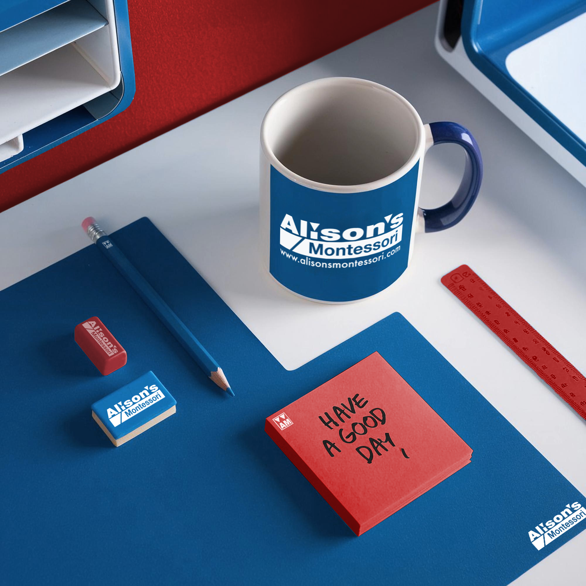 Branded corporate gift set including a custom coffee mug and stationery with the Alison's Montessori logo, printed in Mahwah, NJ.