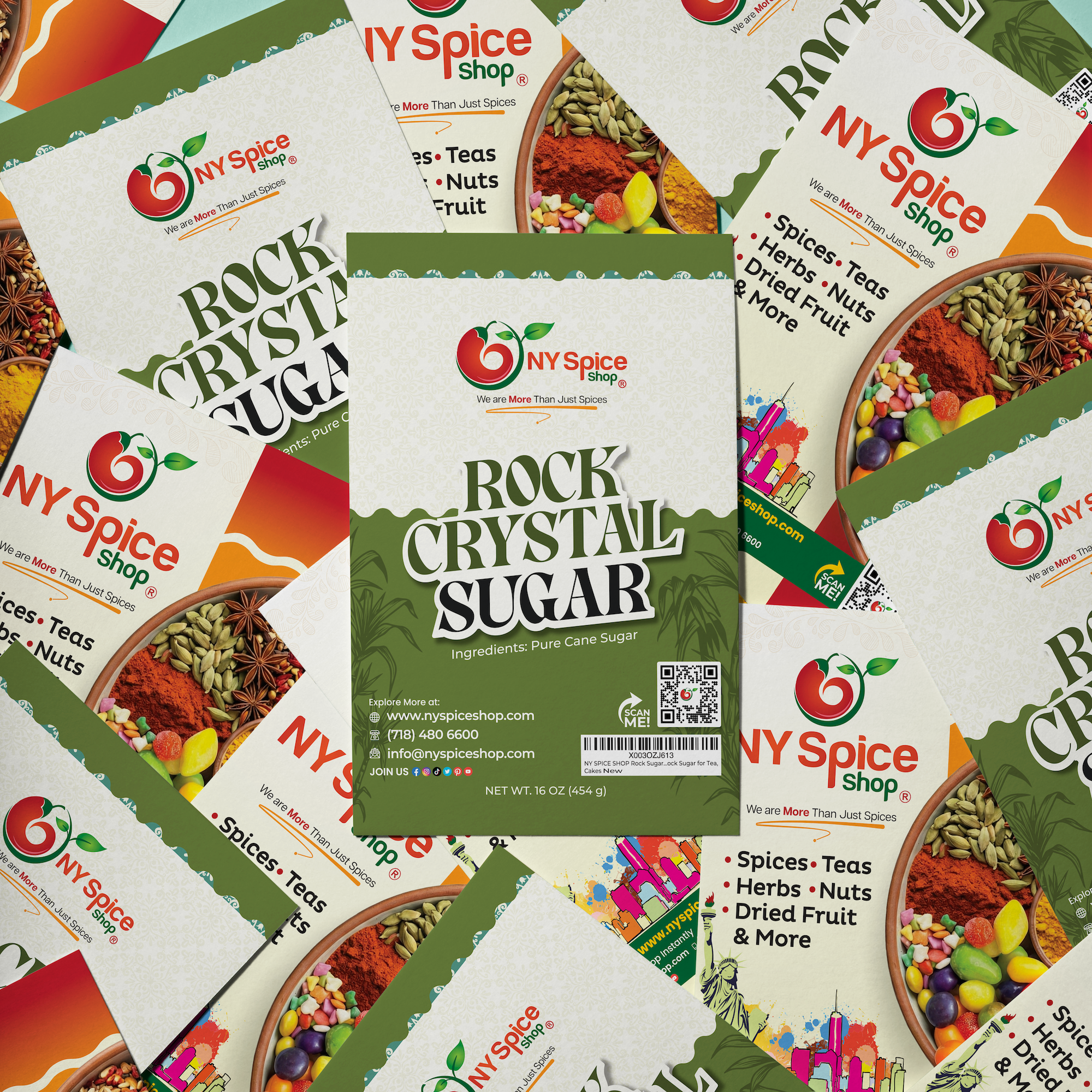 High-quality custom food packaging and labels for Rock Crystal Sugar, produced for a Queens food retailer by Alison's Printshop.