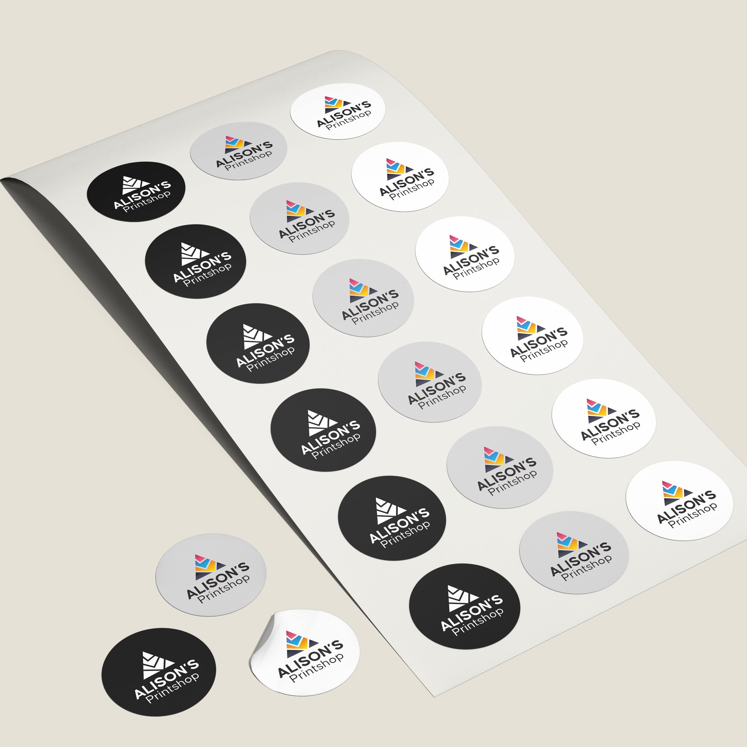 Custom die-cut sticker sheet featuring multiple designs on a single printed sheet, produced by Alison's Printshop in Mahwah, NJ.