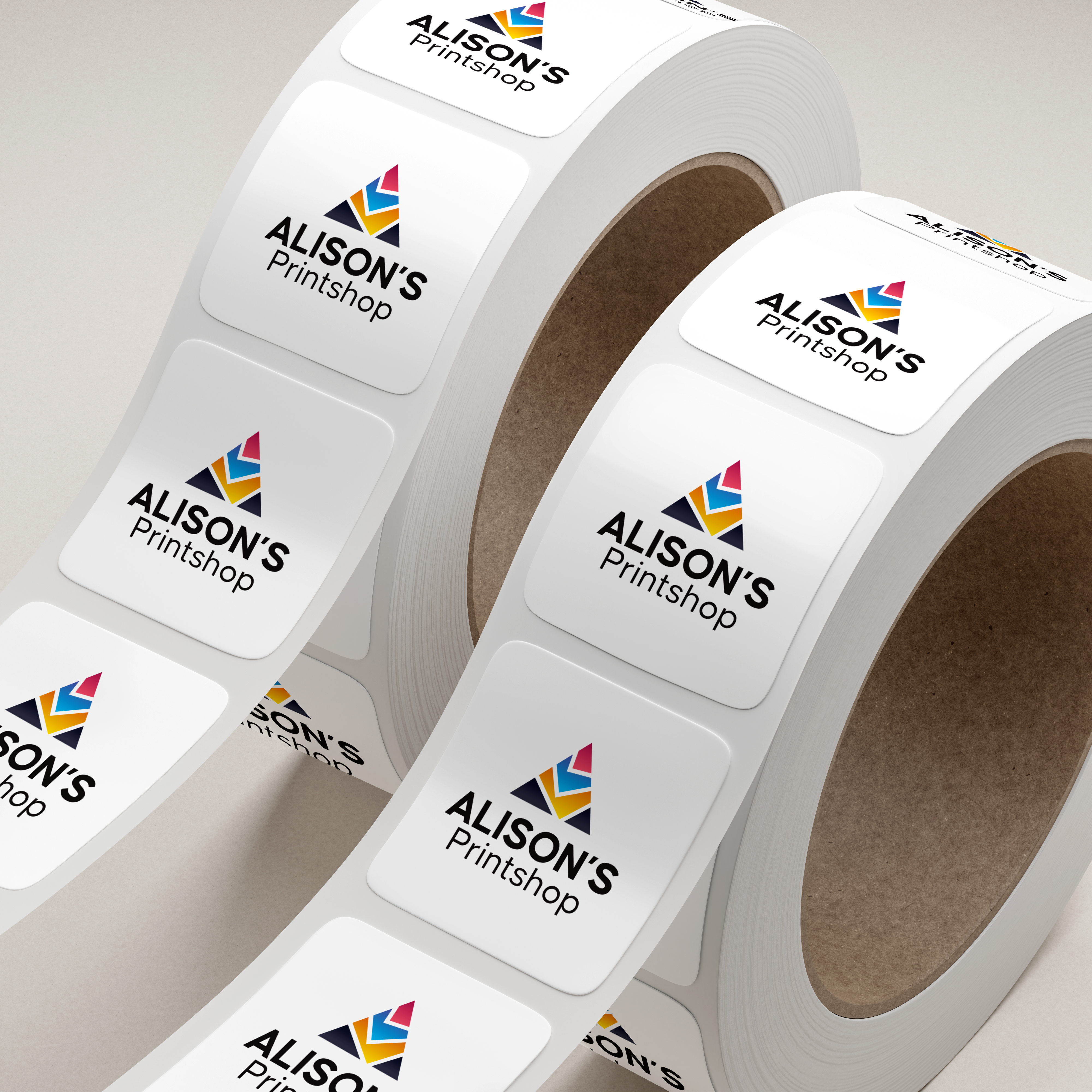 Custom roll stickers printed on semi-gloss paper media for sharp, vibrant labeling and branding, available in multiple sizes and bulk quantities, produced by Alison's Printshop in Mahwah, NJ.