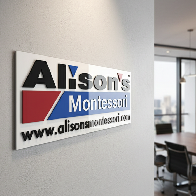 Custom printed dimensional acrylic sign featuring a corporate logo mounted on an office wall, produced by Alison's Printshop in Mahwah, NJ.