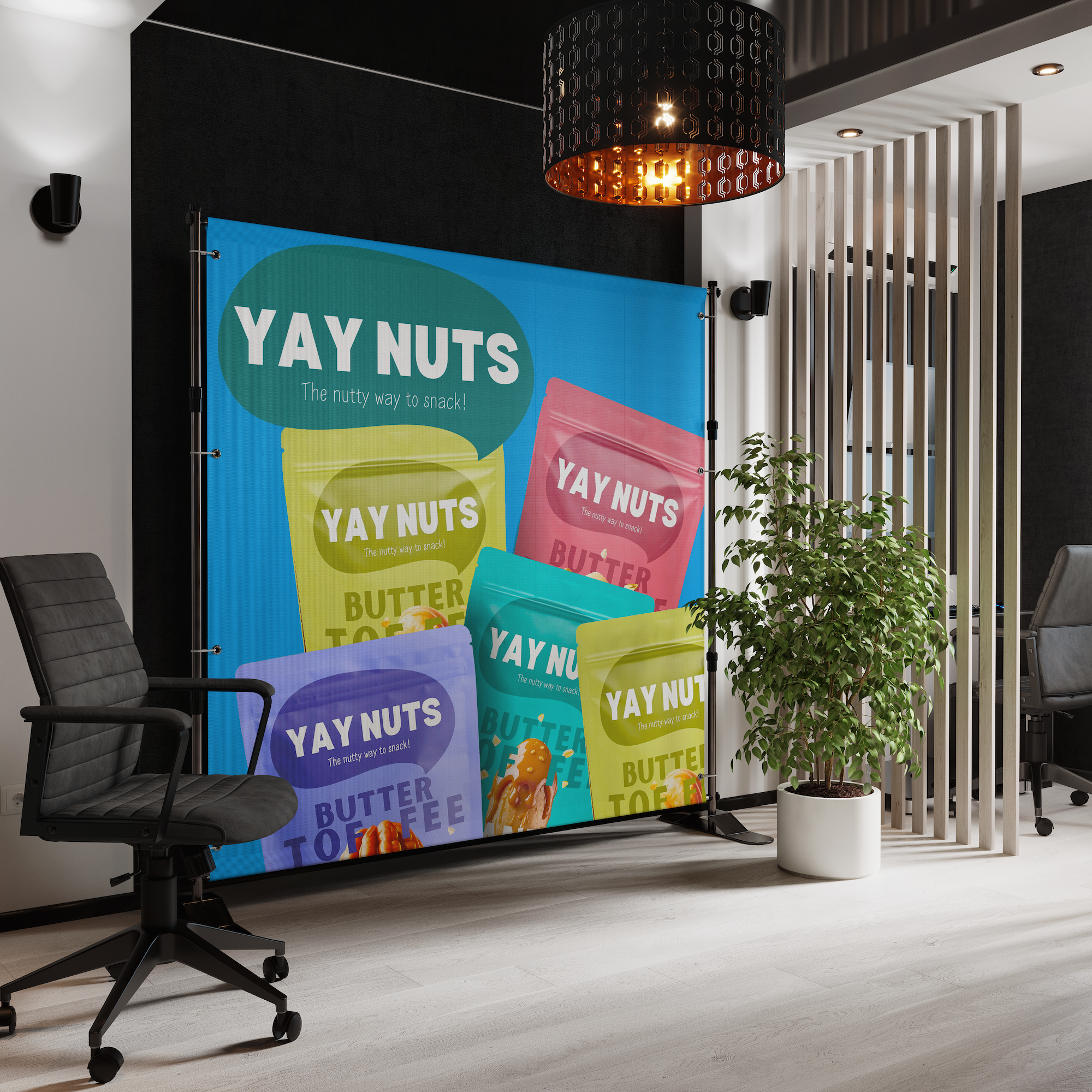 Custom printed canvas banner backdrop on a freestanding frame for indoor display, produced by Alison's Printshop in Mahwah, NJ.