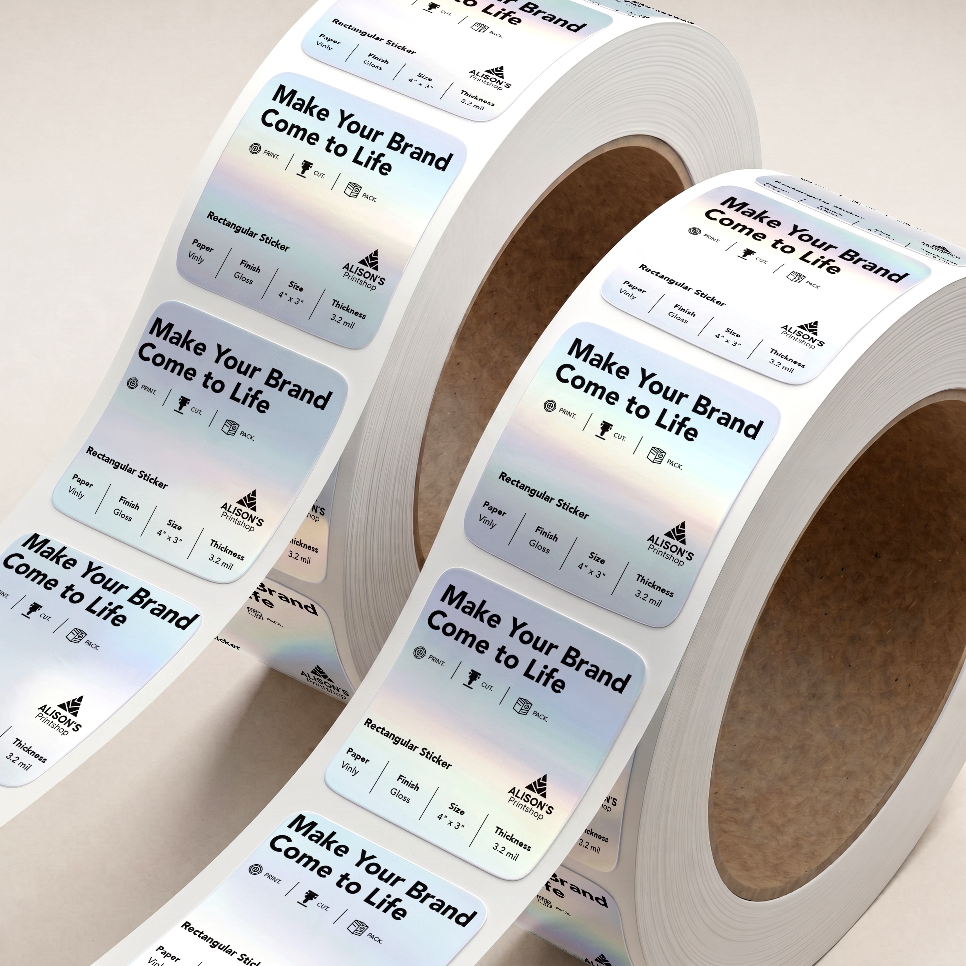 Custom silver gloss sticker rolls with a premium metallic finish. Waterproof, UV-resistant polyester with strong adhesive. | Alison's Printshop in Mahwah, NJ