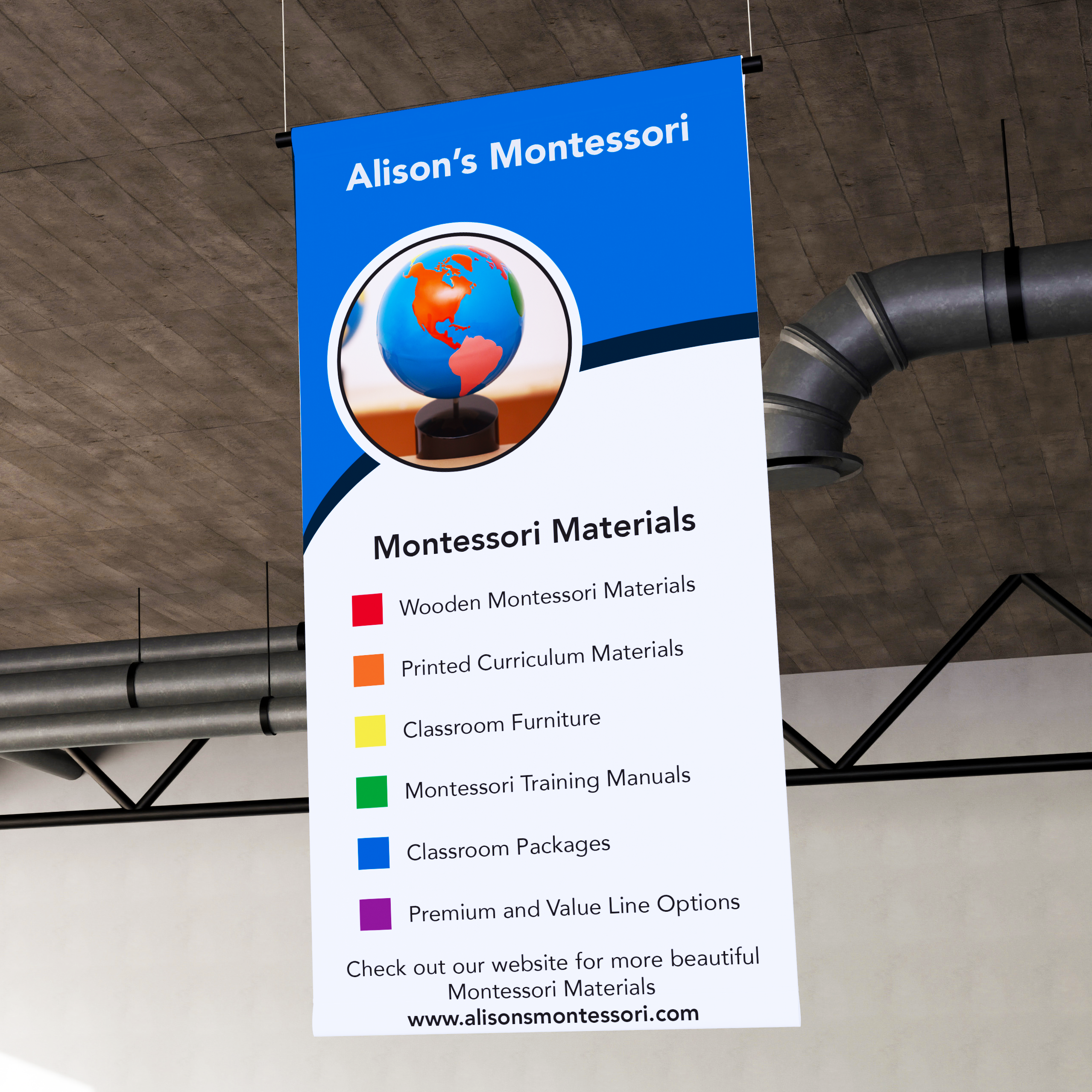 Custom printed hanging vinyl banner for indoor display, produced by Alison's Printshop in Mahwah, NJ.