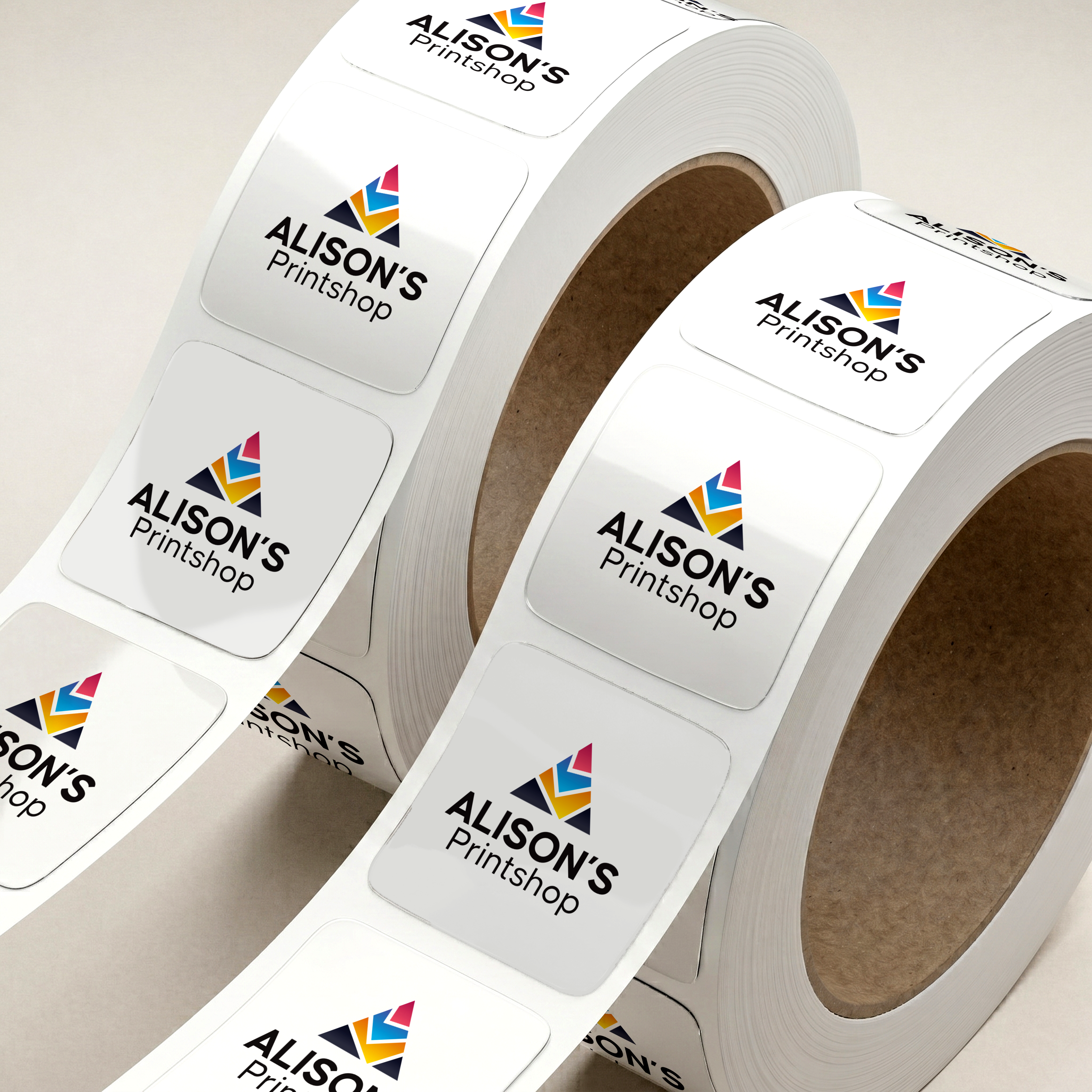 Custom clear waterproof sticker rolls with a no-label finish for product packaging, glassware, and beverage branding, produced by Alison's Printshop in Mahwah, NJ.