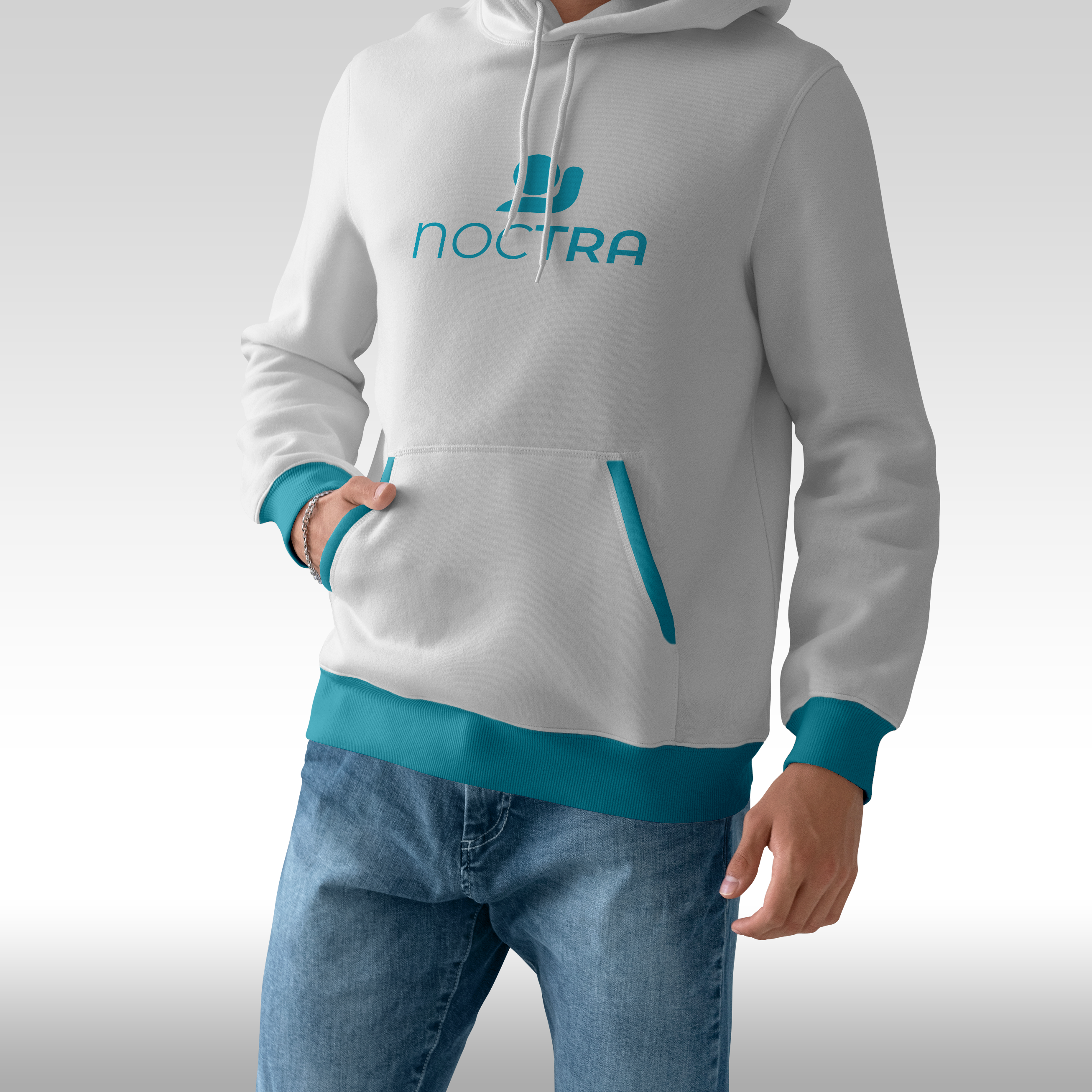Custom DTF printed hoodie featuring a teal Noctra logo, demonstrating in-house apparel decoration and promotional garment printing at Alison's Printshop.