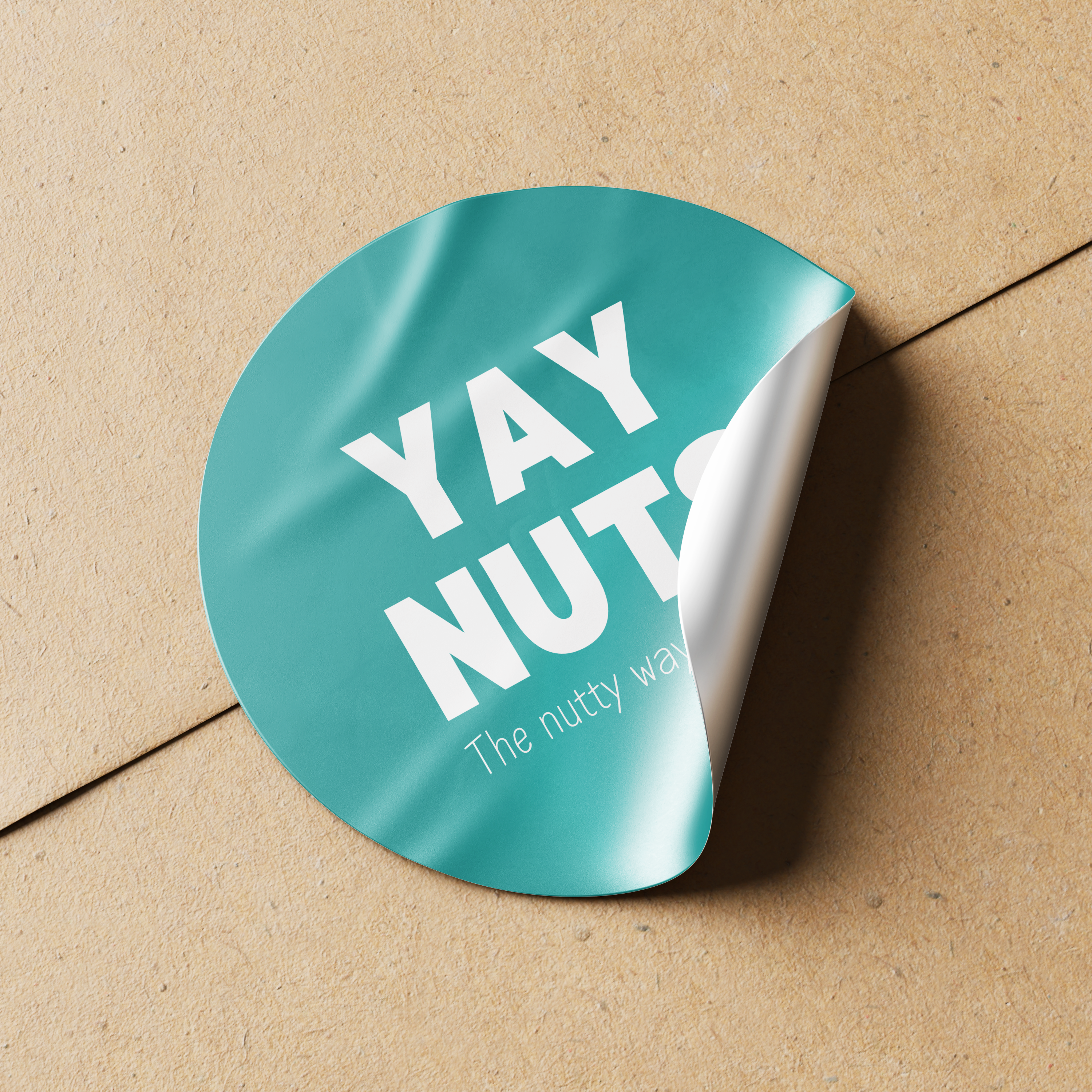 High-quality custom round vinyl sticker featuring Yay Nuts branding, printed by Alison's Printshop in Mahwah, NJ.